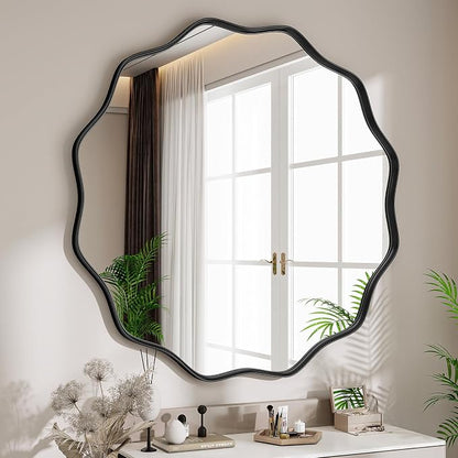 Round Wavy Mirror, 30 Inch Metal Frame Circle Mirror, Round Wall Mounted for Entryway, Bathroom, Vanity, Living Room, Black