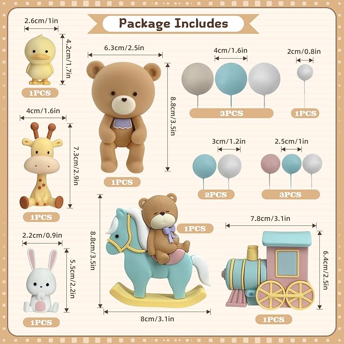 15Pcs Bear Cake Toppers - Animal Bear Cake Decorations with Train Balls Cake Toppers for Boy Girl Baby Shower Birthday Party Decorations (Colorful)
