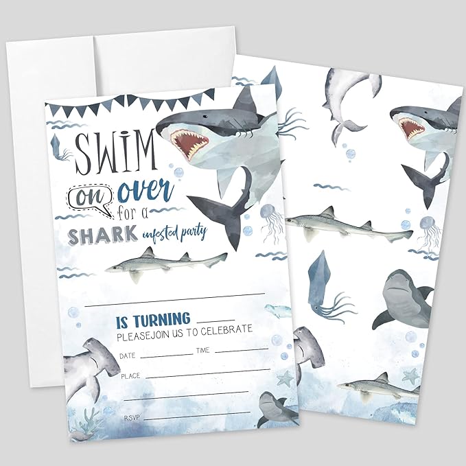 AEHIE 20 Sets Shark Birthday Invitations With Envelopes,Marine Life Sharks Double-sided Printed Birthday Party Invitation Invite Cards for Boys Girls Kids,Baby Shark Birthday Party Invites