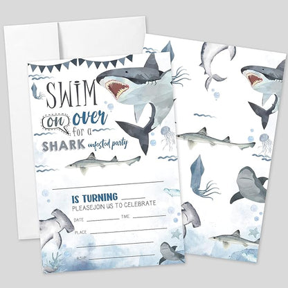 AEHIE 20 Sets Shark Birthday Invitations With Envelopes,Marine Life Sharks Double-sided Printed Birthday Party Invitation Invite Cards for Boys Girls Kids,Baby Shark Birthday Party Invites