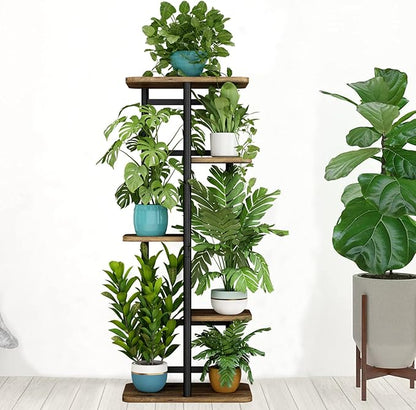 LINZINAR Plant Stand 5 Tier 6 Plant Multiple Flower Rack Holder Shelves Rack Storage Organizer Display Indoor Planter for Balcony Bedroom Patio Garden Living Room, Black