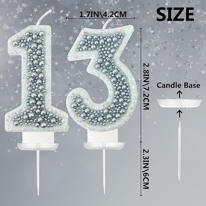 13 Birthday Number Candle for Cake, Glitter Number Candle with Silver Beads, Decorative Cake Topper for Milestone Celebrations