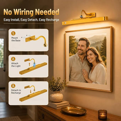 16" Gold Picture Light for Wall, Battery Operated Rechargeable Art Light with 6000mAh Battery, Motion Sensor, Remote, 3CCT Dimmable Cordless Painting Light for Artwork, Gallery, Hallway, 2 Pack