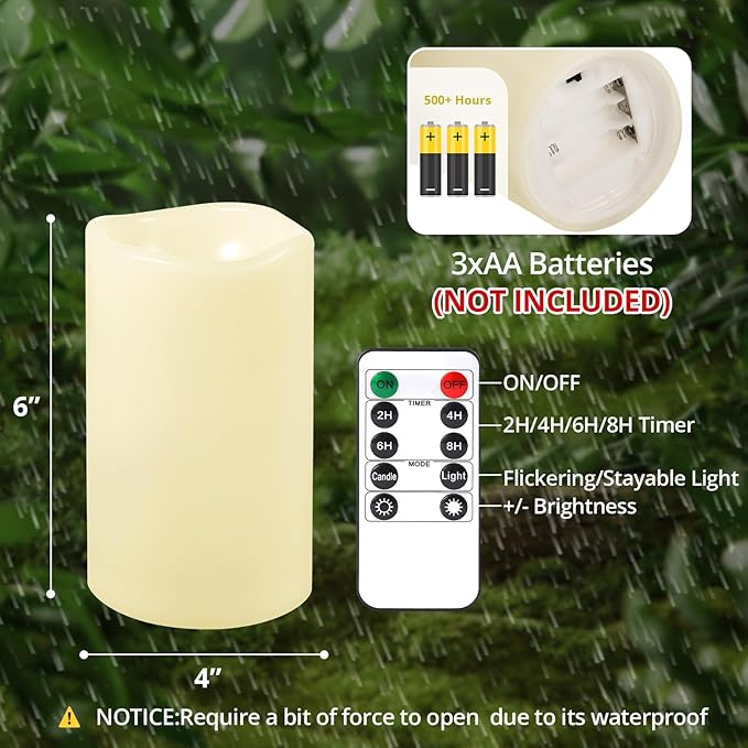 NURADA 6" x 4" Large Outdoor Flameless Candles - Waterproof LED Pillar Flickering Candle Battery Operated with Timer Remote Control for Patio Porch Lanterns Decor - Long Lasting Set of 2