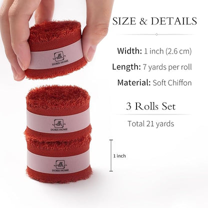 DORIS HOME Terracotta Chiffon Ribbon for Flower Bouquet, 1" x21Yd Fabric Ribbon for Gift Wrapping, Handmade Frayed Ribbon for Wedding Invitations/Christmas Decorations