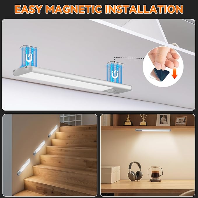Under Cabinet Lighting Wireless, 15inch Rechargeable Motion Sensor Light Indoor, 3 Color Closet Light Battery Operated with LED Power Display, Magnetic Under Counter Lights for Kitchen, Home (3Pack)