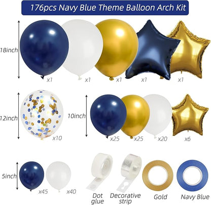 RUBFAC 176pcs Navy Blue Gold Balloons Arch Kit, Navy Blue Balloon Garland Metallic Gold White Confetti Balloon Foil Balloons for Baby Shower Birthday Party Wedding Anniversary Graduation Decoration