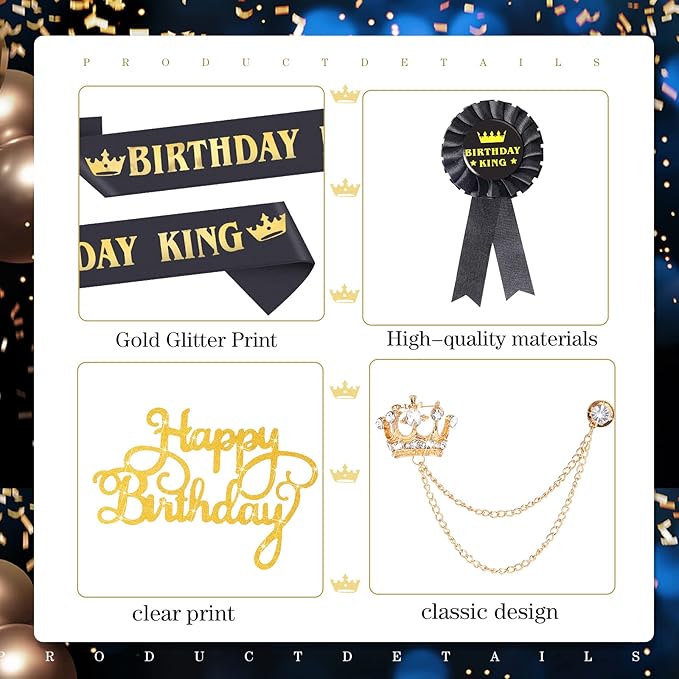 Junkin 5 Pieces Birthday Man Accessories Include King Crown King Sash Tinplate Badge Pin Brooch Hanging Chain Crown for Man Birthday Party(Fresh Style,Large)