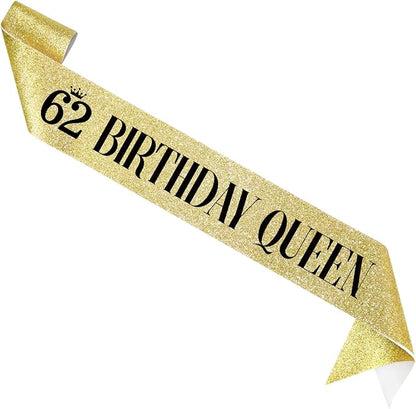 62 Birthday Queen 62nd Birthday Sash for Women, Gold Glitter Sash with Black Foil