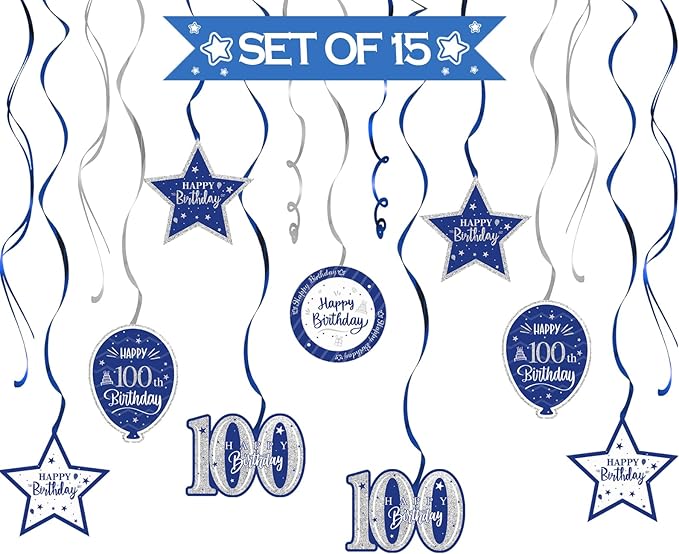Happy 100th Birthday Blue & Silver Glitter Swirls Streamers Party Decorations - 15 Pcs 100th Birthday Hanging Swirls Streamers Kit,Cheers to 100 Years Old Bday Party Sign.
