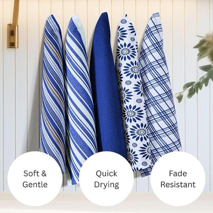 WeWove Assorted Kitchen Towels Set of 5-100% Cotton Dish Cloths Towels with Hanging Loop - Soft Absorbent Washable Reusable for Kitchen Use - Quick Drying 16x26 inch Dish Towels Blue