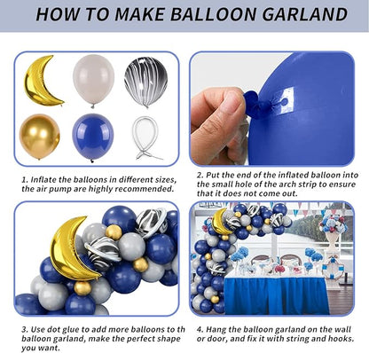 Outer Space Astronaut Balloon Garland Arch Kit Pearl Navy Blue Onyx Black Gray Gold Latex Balloons with Moon Foil Balloon Galaxy Starry Night to the Moon DIY Birthday Party Decoration Baby Shower
