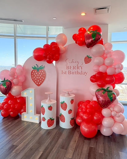 240pcs Strawberry Balloon Arch Garland Kit, Red and Pink Balloons with Strawberry Foil Balloons for Girls Sweet One Berry First Birthday Baby Shower Valentine's Day Party Decorations