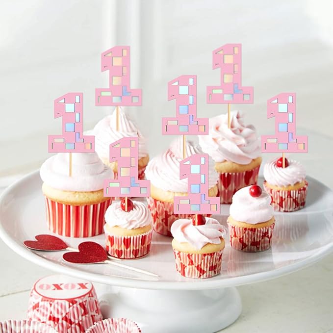 Ercadio 24Pcs Pink Number 1 Cupcake Toppers Checkered Pink One Cupcake Picks for Smiley Assorted Racing Car Theme Baby Girls 1st Birthday Party Cake Decoration Supplies