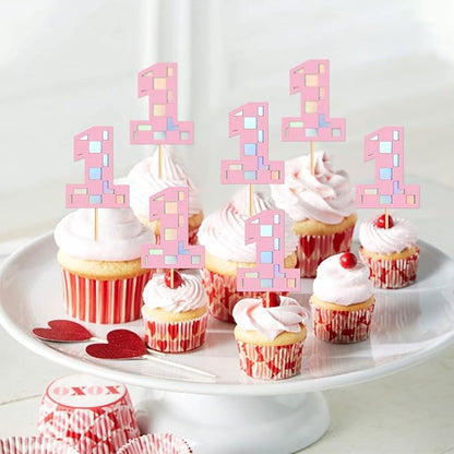 Ercadio 24Pcs Pink Number 1 Cupcake Toppers Checkered Pink One Cupcake Picks for Smiley Assorted Racing Car Theme Baby Girls 1st Birthday Party Cake Decoration Supplies