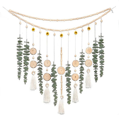 Artificial Hanging Eucalyptus Wall Decor Fake Plant Greenery Stems on 29" Sunflower Bead Garland Sage Green Boho Rustic Farmhouse Wall Art for Bathroom Bedroom Living Room