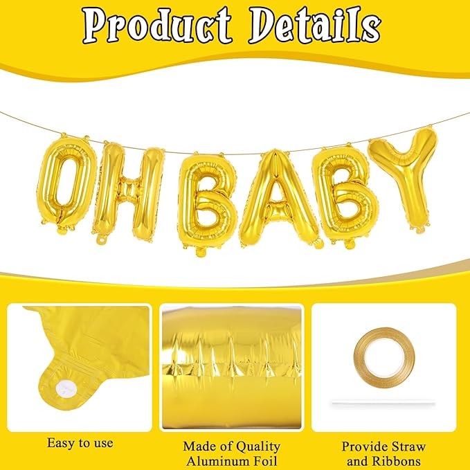 Gold Oh Baby Balloons - 16 Inch Letters for Baby Shower, Gender Reveal Decorations, Backdrop Sign (Gold)