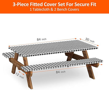 7ft Picnic Table and Bench Cover, Camping Essentials RV Gear, 84 in Waterproof Windproof Outdoor Elastic All Around Tablecloth, Fitted Rectangle Tables and Seats, Black-White Checkered
