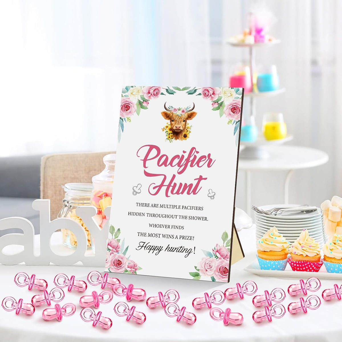 Thyle 51 Pcs Pacifier Hunt Baby Shower Games Include Hunt Sign and 50 Acrylic Pacifiers for Baby Shower Game Decoration Gift Sets Gender Reveal Party Decor(Highland Cow)