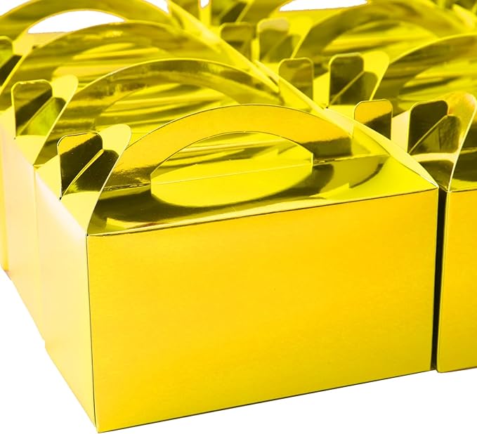30-Pack Metallic Gold Gable Treat Boxes with Handles, 6" Pop-Up Party Favor Gift Boxes for Birthday, Wedding, Baby Shower, Eco-Friendly Candy,Cookie, Goodie Bags for Kids, Bachelorette Decor