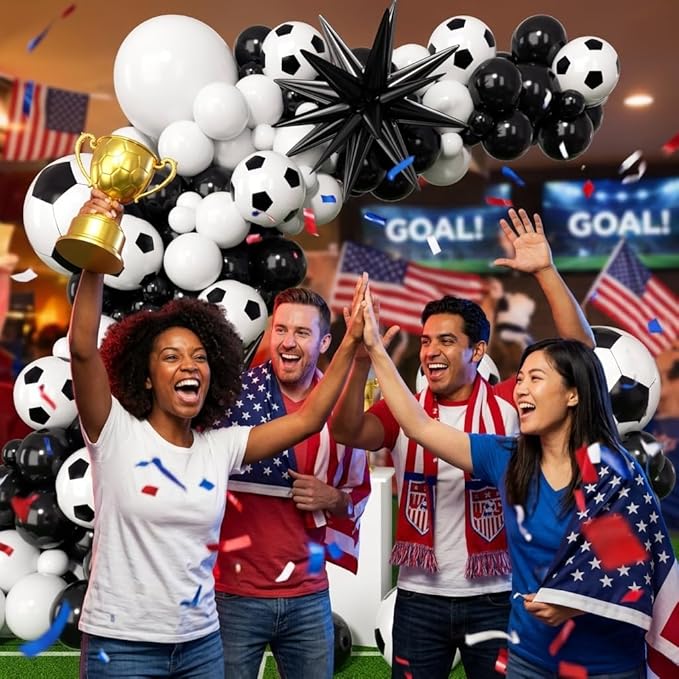 Soccer Balloons Garland Arch Kit with Stars 146Pcs - 5 10 12 18inch Balloon and 22inch Soccer & Star Foil Balloons for 2026 Football Sports Theme Birthday Anniversary Party Decorations
