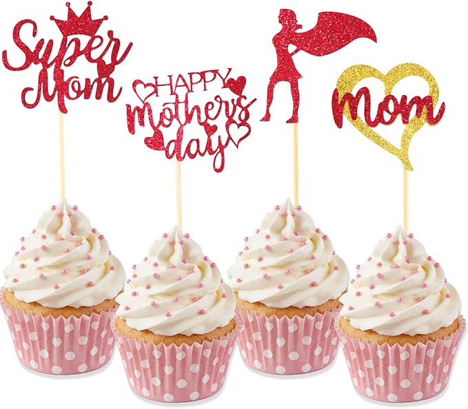 Mothers Day Cupcake Toppers, 24 PCS Mothers Day Party Decorations, Glitter Red Happy Mother's Day Super Mom Cupcake Toppers Cake Decorations Food Picks for Mother's Day Party Decoration Supplies
