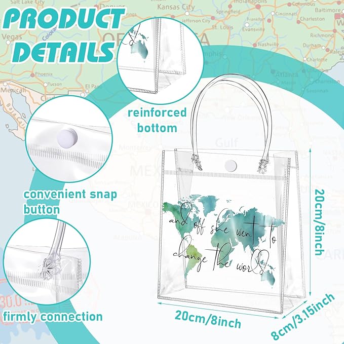 Teenyyou 24 Pcs World Map Favor Bags with Handle Graduation Travel Clear PVC Goodie Gift Bags Grad Birthday Congratulations Party Supplies