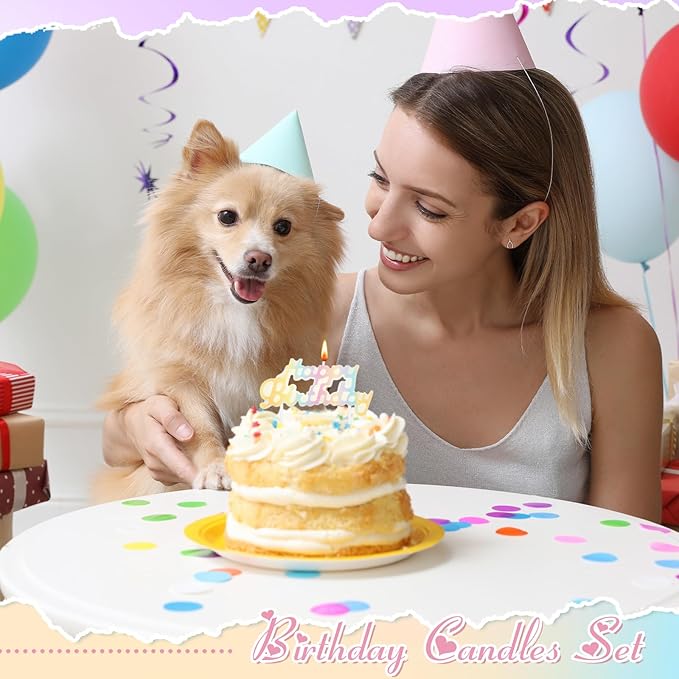 MTLEE Happy Birthday Candles Letter Cake Topper with 10 Pcs 2.95 Inch Short Thin Spiral Candles for Cake Topper Birthday Decoration Party Supplies(Macaron Color)