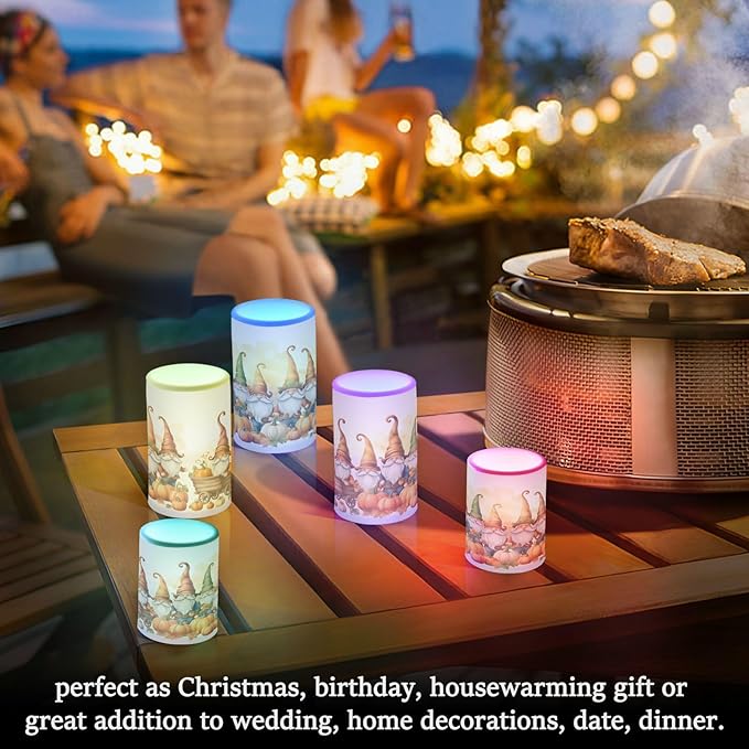 Thanksgiving Autumn Fall Gnomes Pumpkin Flickering Flameless Candles Battery Operated with Remote Timer,Tea Light Candles LED Pillar Votive Candles Set of 2 for Outdoor Indoor Decorations