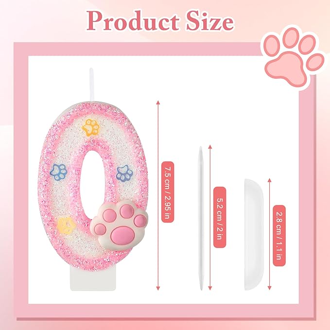 AKURIEEY Dog and Cat Birthday Candle Pink Numbers 0 Candle Paw Cake Topper Cupcake Decorations for Pet Theme Party Decor Anniversary Celebrations Supplies