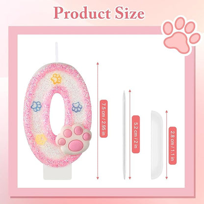 AKURIEEY Dog and Cat Birthday Candle Pink Numbers 0 Candle Paw Cake Topper Cupcake Decorations for Pet Theme Party Decor Anniversary Celebrations Supplies