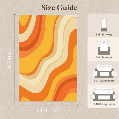 Sunset Flow Area Rug 2x3, Modern Abstract Wave Rug, Retro Orange Neutral Carpet for Living Room Bedroom, Soft Non Slip Washable Rug
