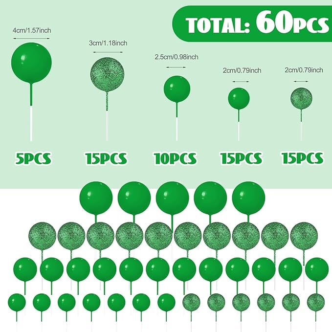60Pcs Glitter Cake Balls Decorations Foam Cake Topper Balls Mini Balloon Cupcake Toppers for Cake Decorating Birthday Baby Shower Party (Glitter Green)