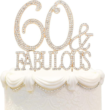 60 & Fabulous Cake Topper 60 Years Birthday Or 60th Wedding Anniversary Gold Crystal Rhinestone Party Decoration