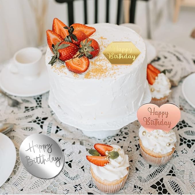 30 PCS Happy Birthday Cake Disc Mini Acrylic Cake Toppers, Mirror Acrylic Cupcake Toppers DIY Heart Round Hexagon Shape Engraved Cake Topper Charms Cake Cupcake Decorations for Birthday Party Decor