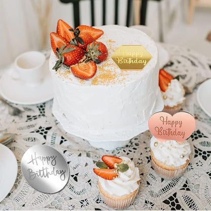 30 PCS Happy Birthday Cake Disc Mini Acrylic Cake Toppers, Mirror Acrylic Cupcake Toppers DIY Heart Round Hexagon Shape Engraved Cake Topper Charms Cake Cupcake Decorations for Birthday Party Decor