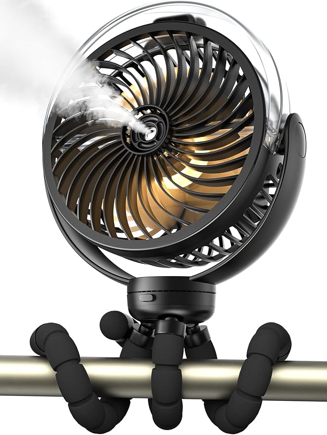 Misting Stroller Fan, 6000mAh Battery Operated Portable Fan with Light & 360° Pivoting, Personal Fans with Flexible Tripod for Baby, Office, Travel,Treadmill,Outdoors