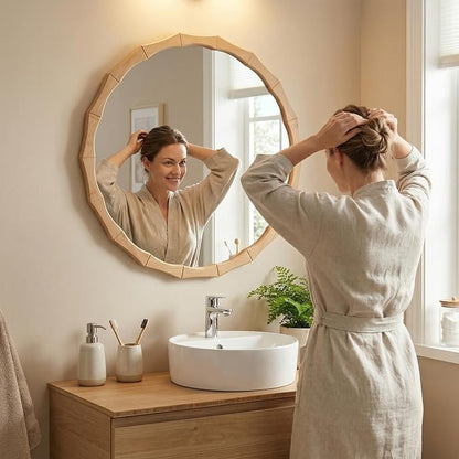 Round Bamboo Frame Mirror with Wavy Edge, 24-inch Vintage Wood Finish Hanging Wall Mirror for Bathroom, Bedroom, Living Room & Entryway