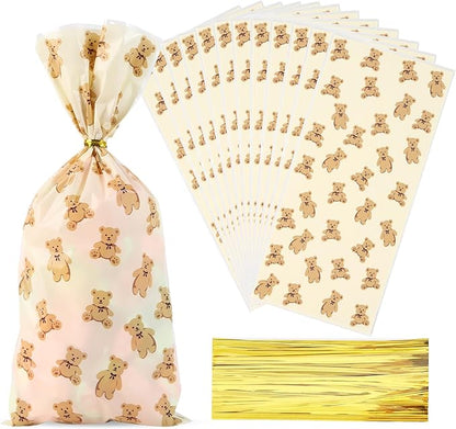 Docvania Bear Cellophane Treat Bags Plastic Gift Bag 100 pcs 5 X 11 Bear Cookie Bags with Ties Goodie Candy Bag Suitable for Mother's Day, Valentine's Day, and Holiday Parties