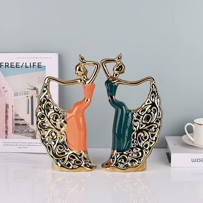 DOVDOV Abstract Ceramic Dancer Decorations, Orange and Gold Home Living Room Decorations for Coffee Table Entryway Bedroom Dresser Display Stand Decoration