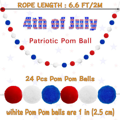 Jishi Pom Pom Garland 4th of July Decorations, Patriotic Red White Blue Felt Ball Garland, 3-Pack 6.6ft Long 24 Cute Pompom Balls String, Christmas Tree Decor Ornaments for Home Birthday Holiday Party