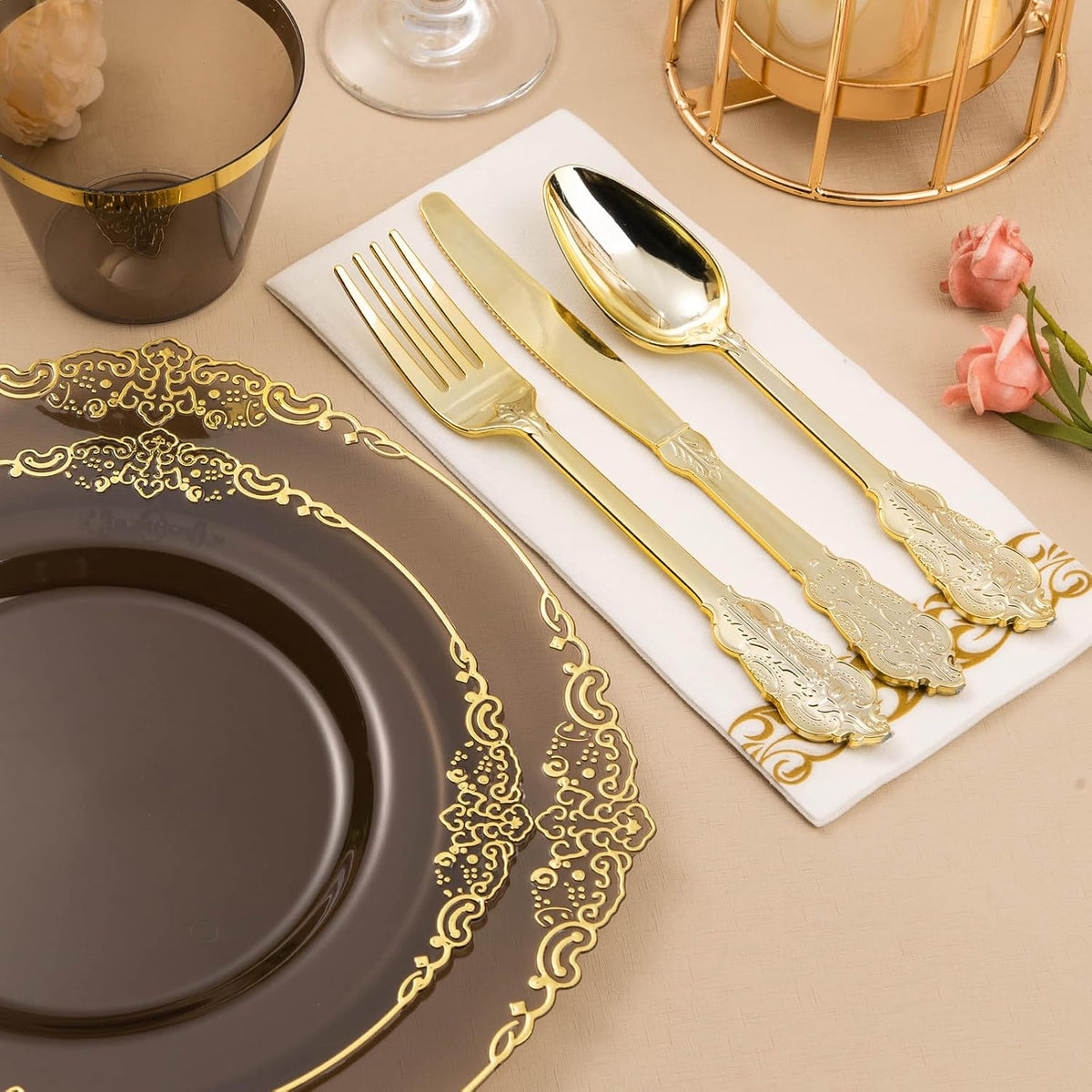 350PCS Clear Black Plastic Plates for 50 Guests, Disposable Plates with Gold Trim include 50 Dinner and Dessert Plates, 150 Gold Silverware, 50 Cups, 50 Napkins for Party & Graduation