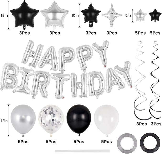 55 Pcs Happy Birthday Balloons Letters Banner with 35 Pcs Star Foil Balloon, 20 Pcs Latex Balloons, 6 Hanging Swirls for Women Men Boys Girls Birthday Party Decorations Set ﻿ (Silver)