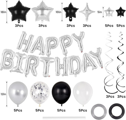 55 Pcs Happy Birthday Balloons Letters Banner with 35 Pcs Star Foil Balloon, 20 Pcs Latex Balloons, 6 Hanging Swirls for Women Men Boys Girls Birthday Party Decorations Set ﻿ (Silver)