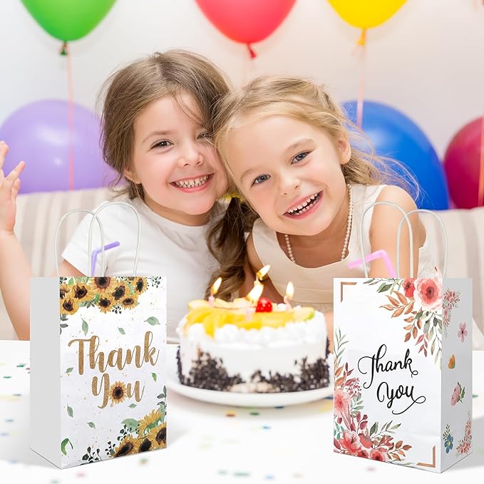 20Pcs Thank You Gift Bags with Handles, 8.2" x 5.8"x3.15" Flower Design Kraft Paper Gift Bags, Party Favor Bags for Wedding Birthday Shower Thanksgiving