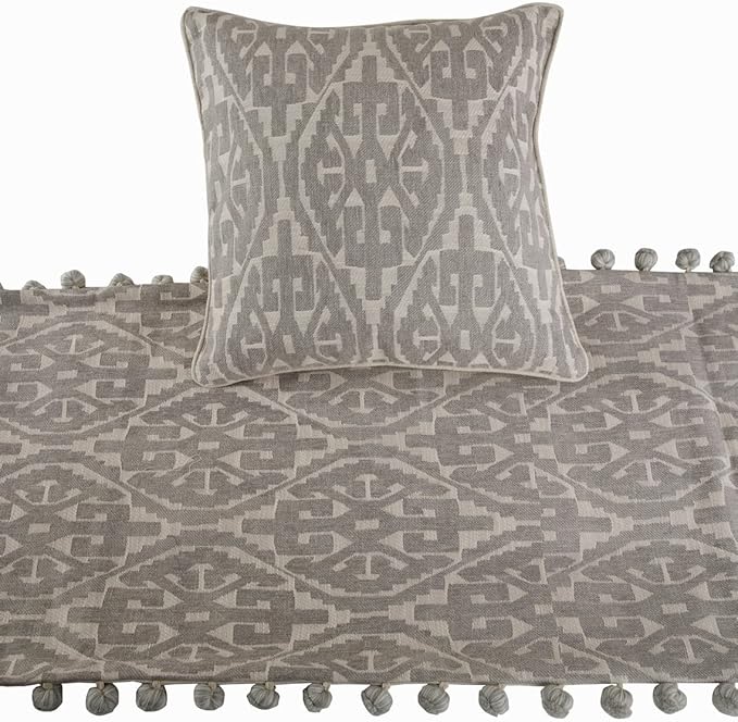 The HomeCentric Grey Bed Runner, Twin Size 53"x18" Decorative Bed Runner with 2 Matching Pillow Cover, Grey Cotton Bed Scarf in Aztec Pattern with Tassels - Grey Aztec