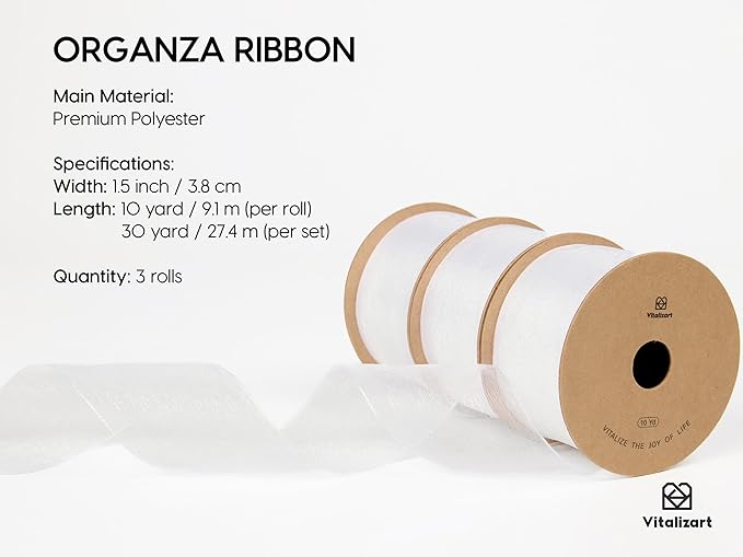 Vitalizart White Organza Ribbon 1.5" x 30 Yd Sheer Ribbons for Gift Wrapping Crafts Christmas Party Decor Bows Wedding Invitations Wreaths Bouquet