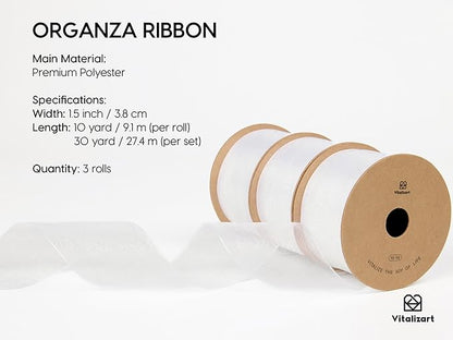 Vitalizart White Organza Ribbon 1.5" x 30 Yd Sheer Ribbons for Gift Wrapping Crafts Christmas Party Decor Bows Wedding Invitations Wreaths Bouquet