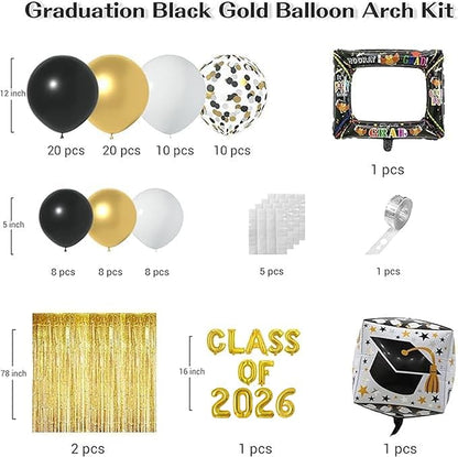 Janiuns Black and Gold Graduation Balloon Garland Arch Kit with Class of 2026 Foil Balloon & 78 Inch Foil Fringe Curtains Backdrop - 2026 Graduation Decorations with Black Gold White Grad Cap Balloons