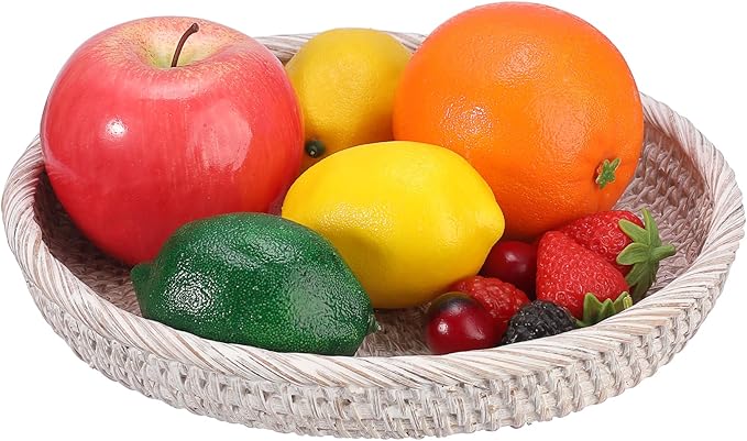 Hipiwe Round Key Bowl for Entryway, 9" Decorative Rattan Tray Woven Wicker Storage Holder Serving Basket Tray for Fruit Snacks Candy, Whitewash